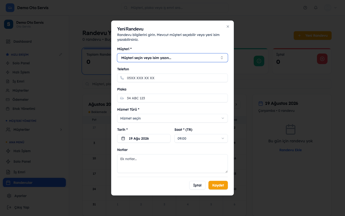 ServisData — Yeni randevu formu: müşteri, telefon, plaka, hizmet, tarih ve saat
