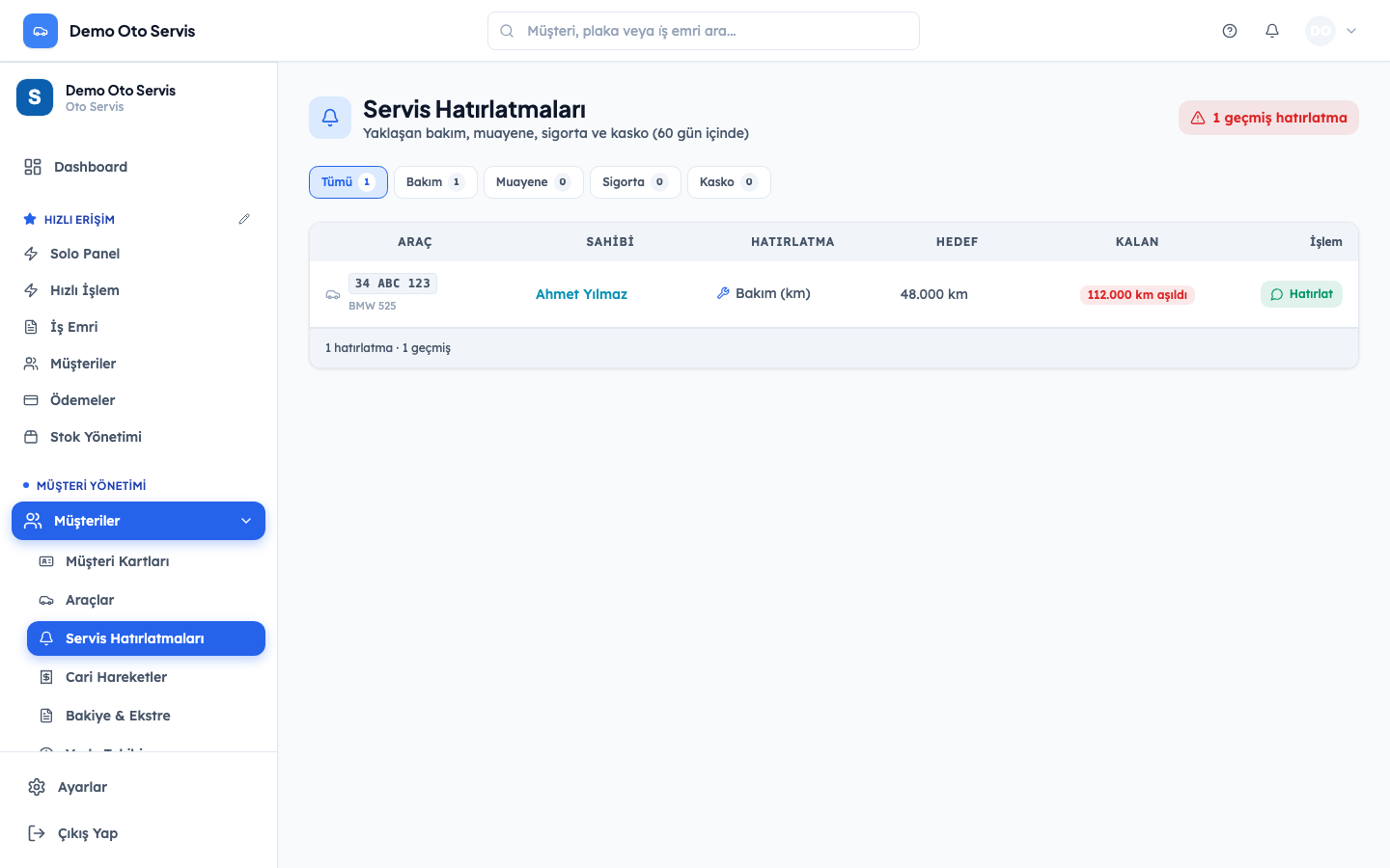 ServisData servis hatırlatmaları — araç, hatırlatma türü ve kalan